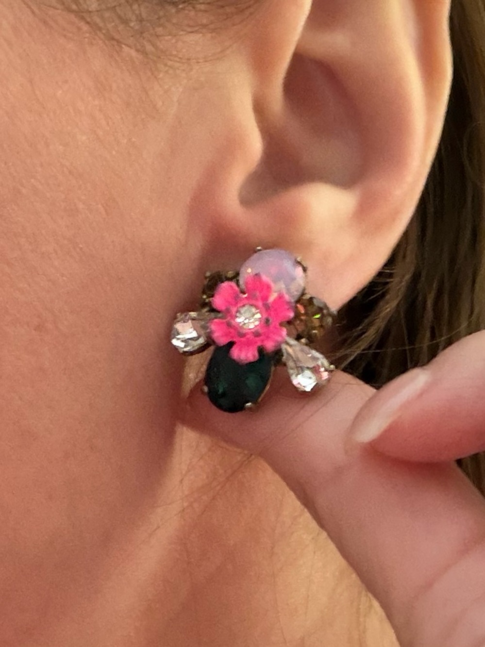J.Crew Floral Crystal Statement Necklace & Stud Earrings Pink & Emerald Green - Picture 3 of 9